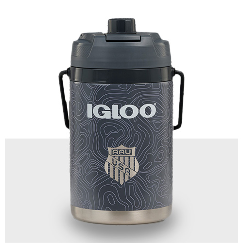Large Igloo brand water jug with elevation map print for hiking theme