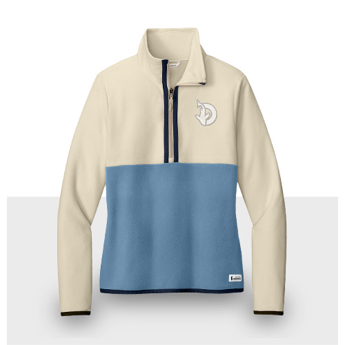 Cream and light blue fleece pullover with embroidered logo on chest
