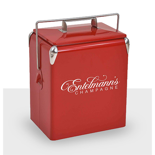 Red vintage style metal cooler with logo