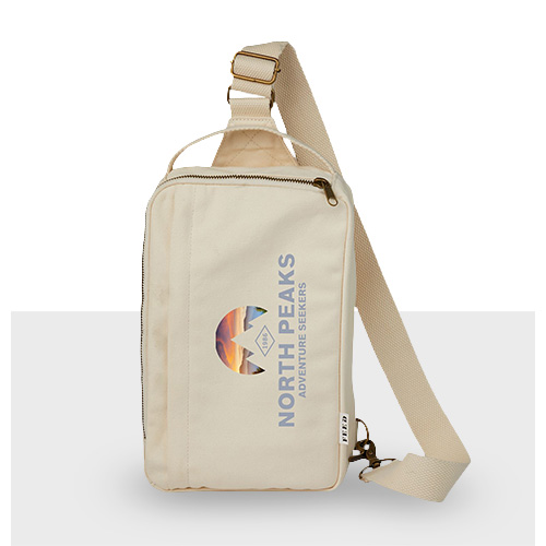 Gray cloth tote bag with black logo and paper tag