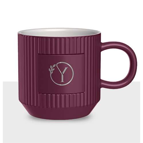 Maroon color ceramic mug with logo engraved on front